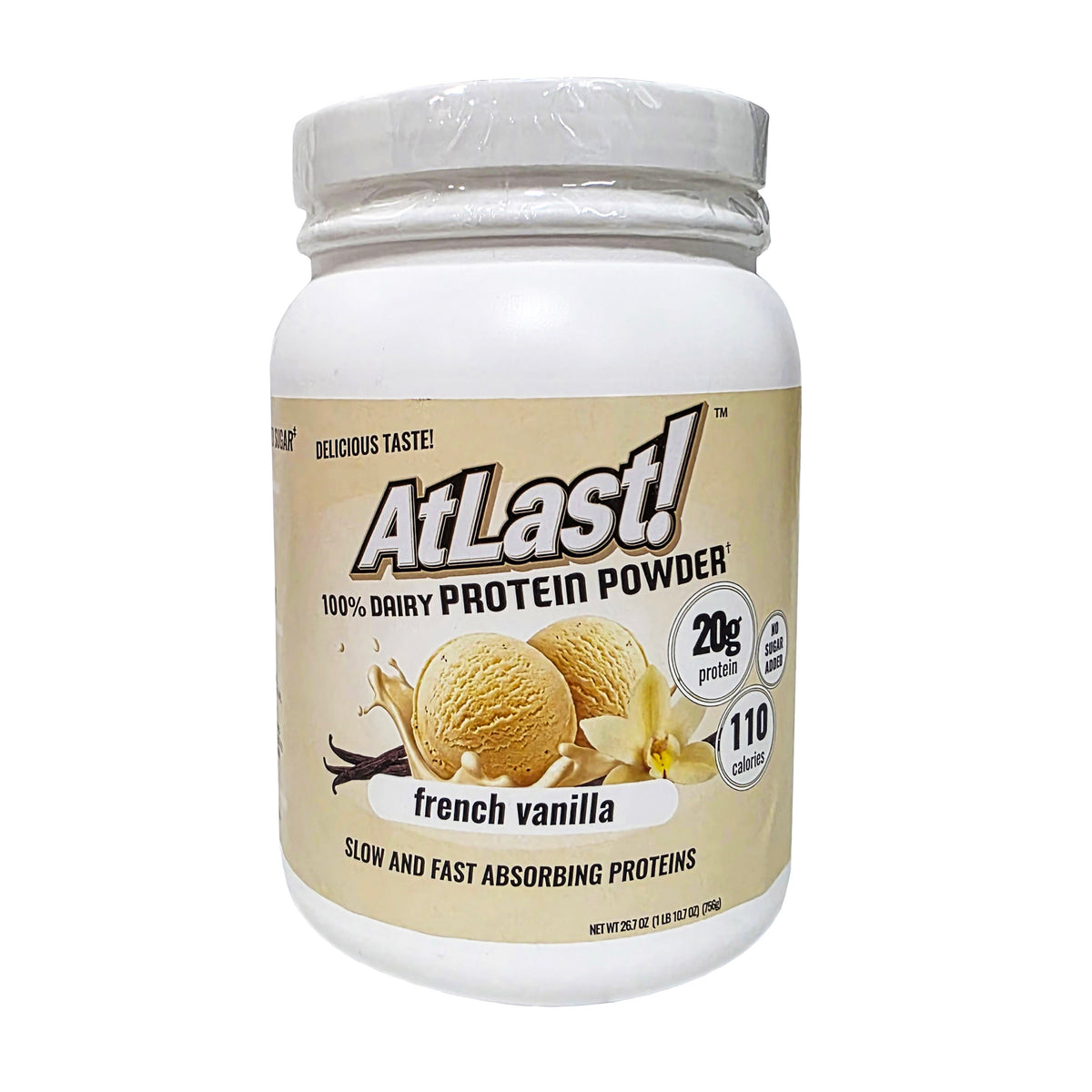 AtLast! 100% Dairy Protein Powder French Vanilla – front of canister