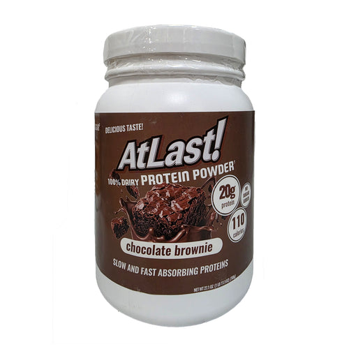 AtLast! 100% Dairy Protein Powder Chocolate Brownie – front of canister