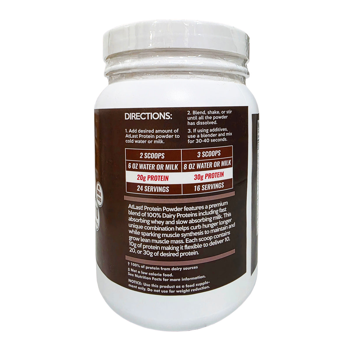 AtLast! 100% Dairy Protein Powder Chocolate Brownie – directions panel