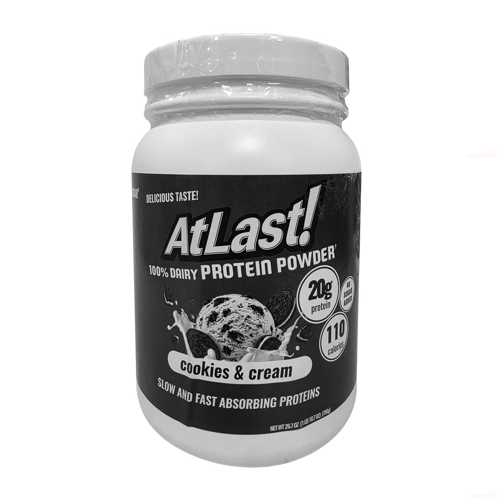 AtLast! 100% Dairy Protein Powder Cookies & Cream – front of canister