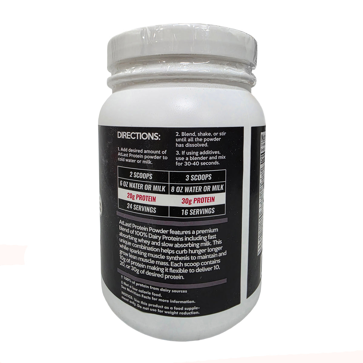 AtLast! 100% Dairy Protein Powder Cookies & Cream – directions panel