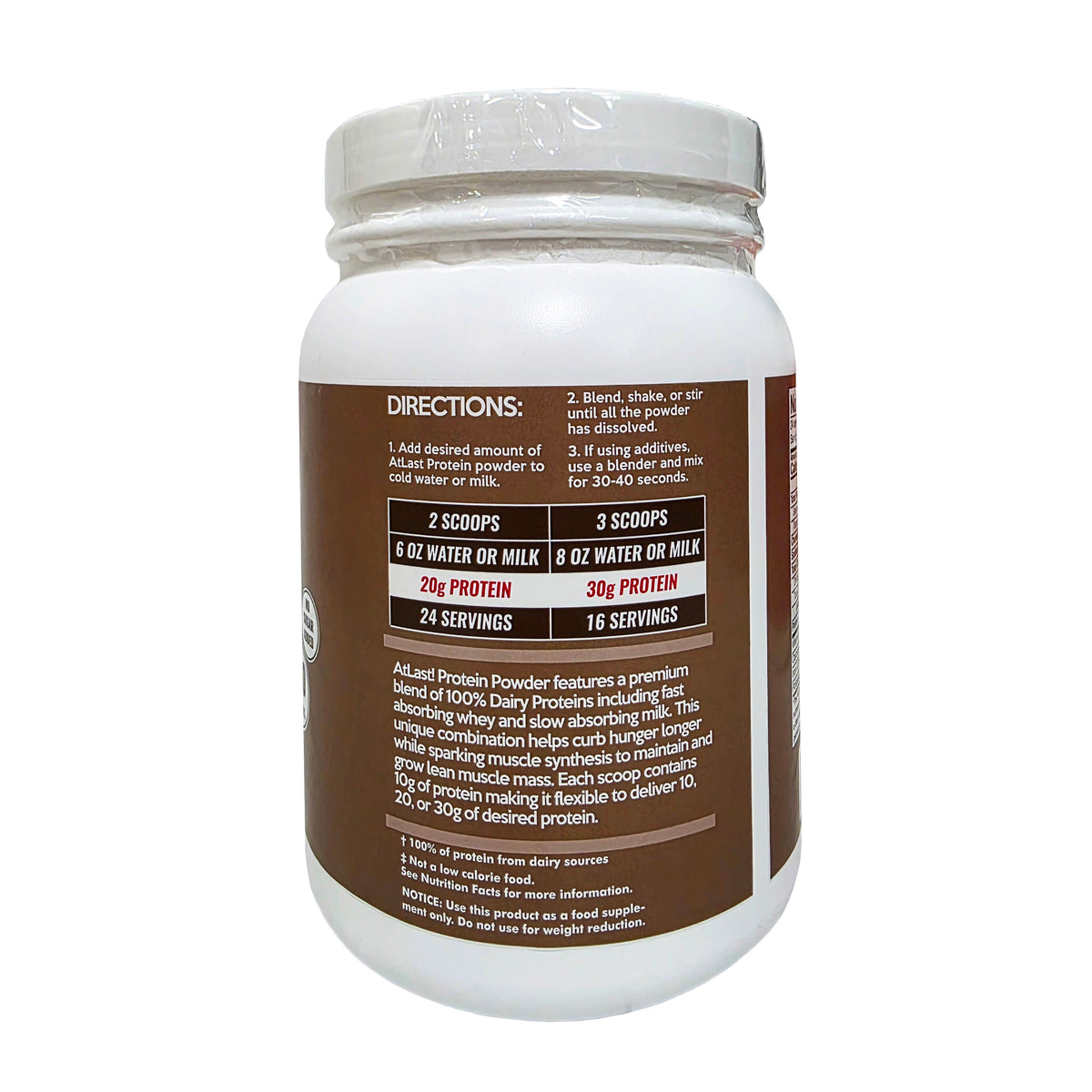 AtLast! 100% Dairy Protein Powder Vanilla Latte – directions panel