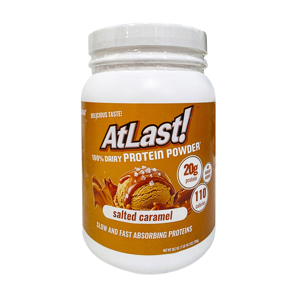 AtLast! 100% Dairy Protein Powder Salted Caramel – front of canister