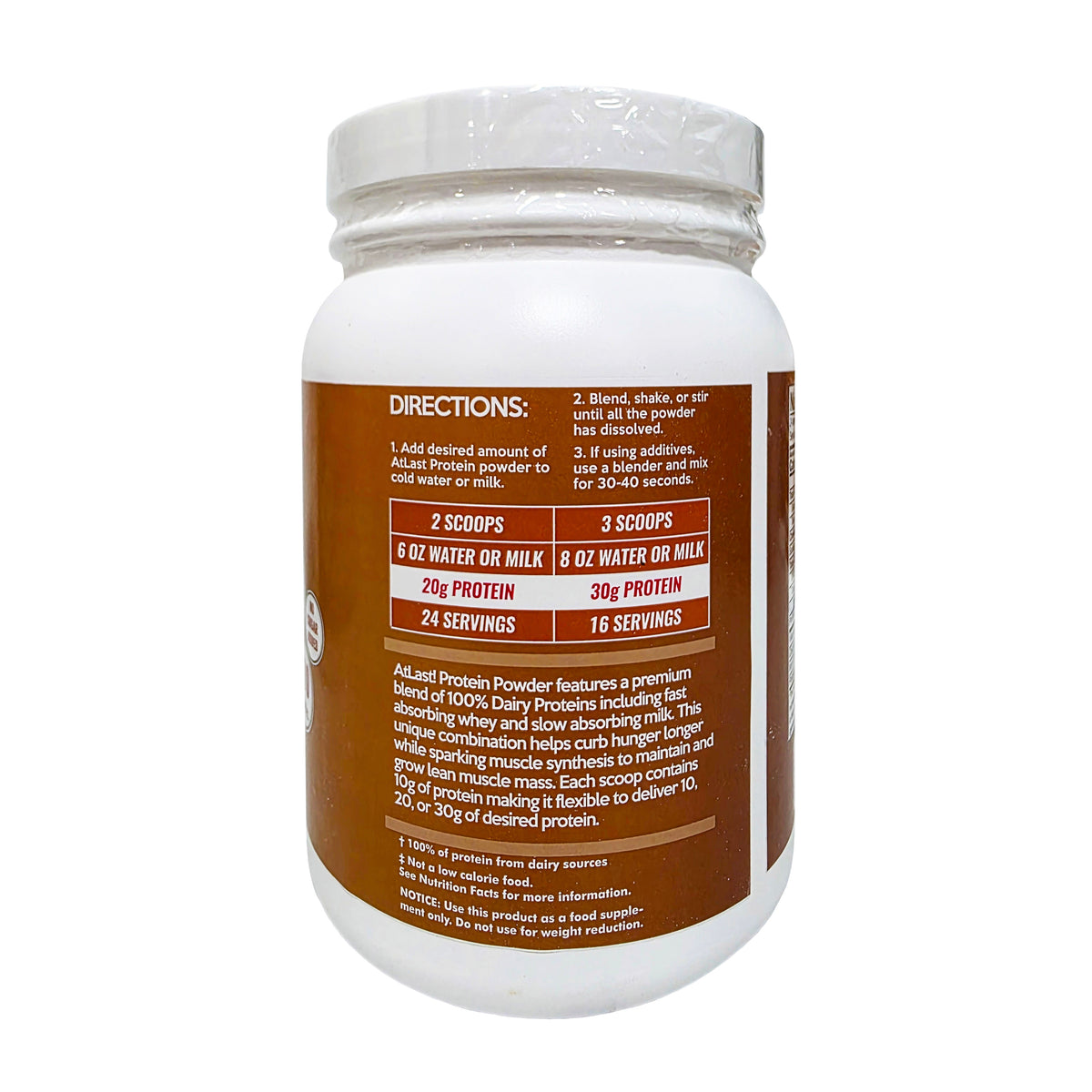 AtLast! 100% Dairy Protein Powder Salted Caramel – directions panel