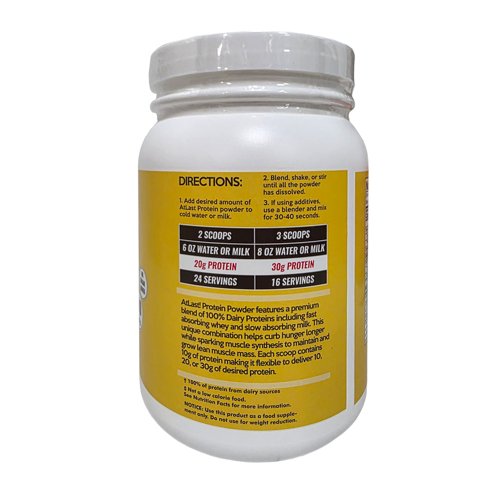 AtLast! 100% Dairy Protein Powder Banana – directions panel