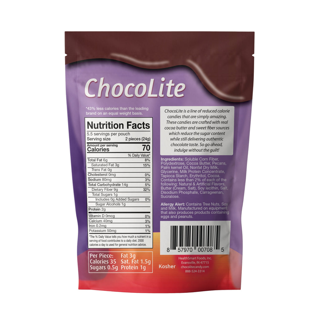 ChocoLite Caramel Pecan Clusters pouch back with Nutrition Facts