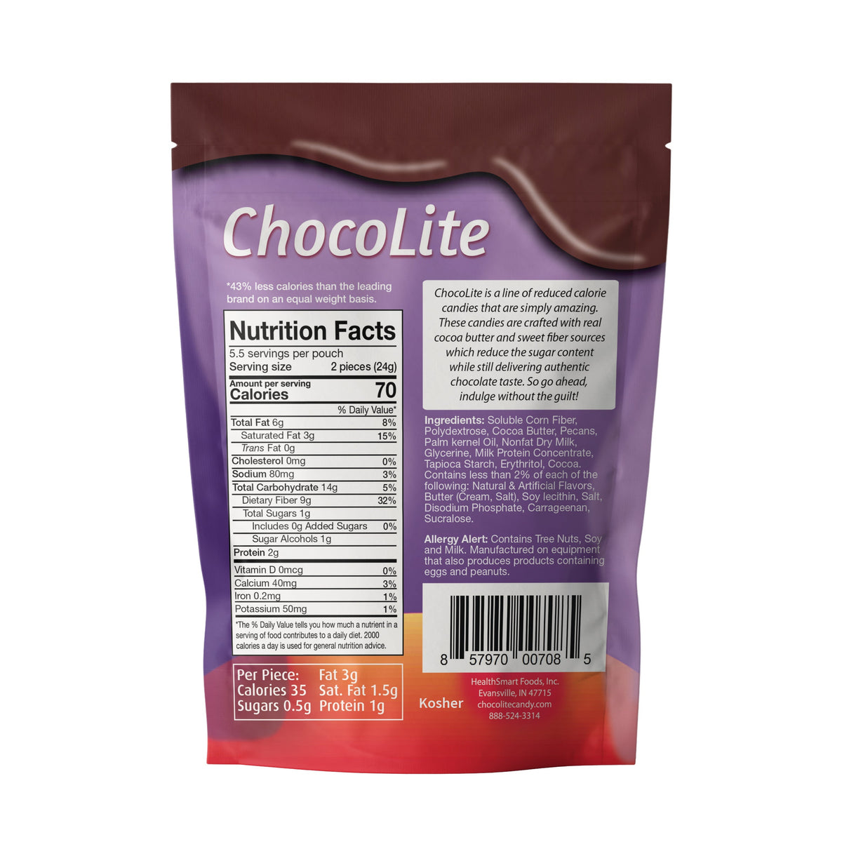 ChocoLite Caramel Pecan Clusters pouch back with Nutrition Facts